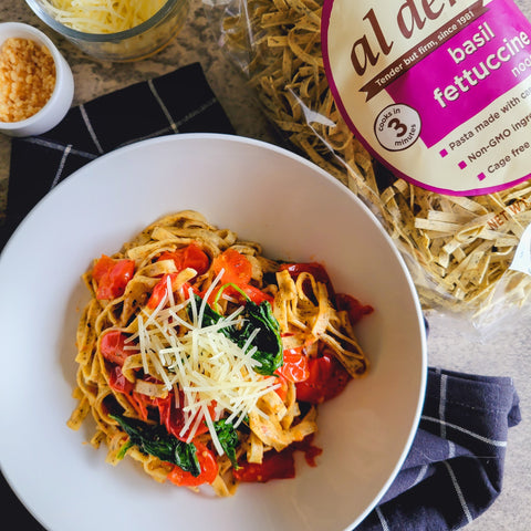 Basil Fettuccine with Blistered Tomato Sauce