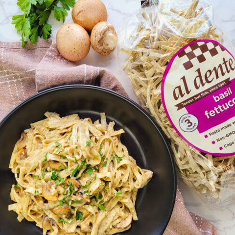 Creamy basil fettuccine with mushrooms