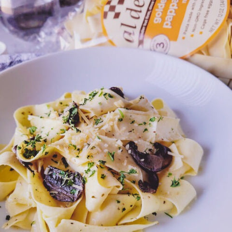 Garlic Butter Egg Pappardelle with Sautéed Mushrooms in Red Wine Sauce